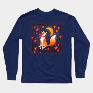 Cute fox , crescent moon and flowers, version 1 Long Sleeve T-Shirt